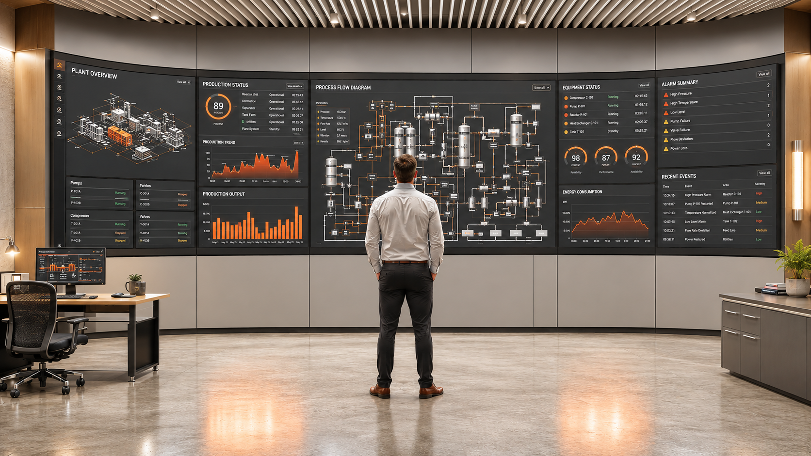 An engineer monitoring a plant control-room dashboard wall — SynapseAI