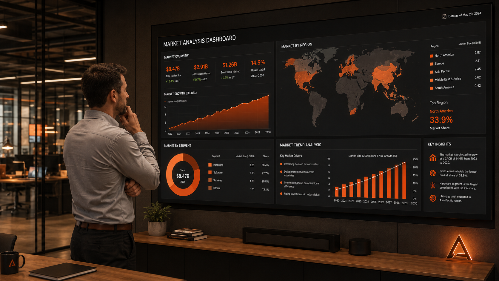 An analyst reviewing a market-analysis dashboard — SynapseAI
