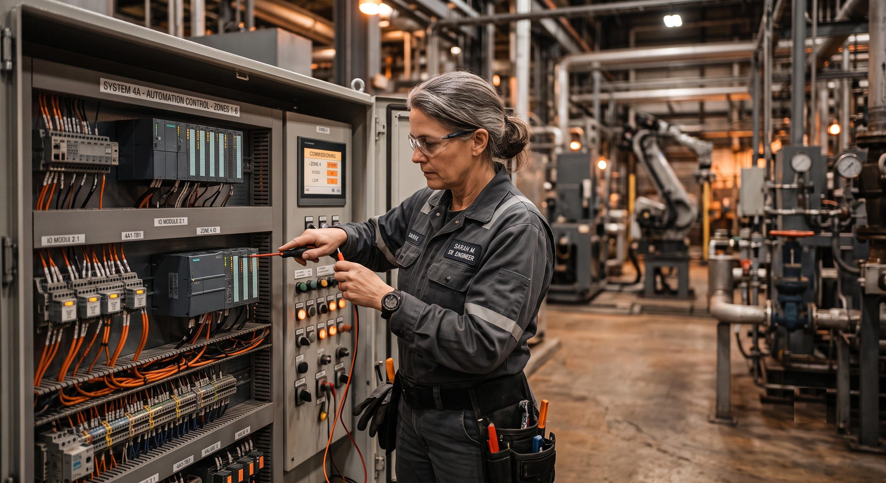 An engineer commissioning automation equipment on an industrial plant floor — SynapseAI